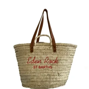 Sacolas de palha – Bolsa de praia grande de tecido com alças de couro perfeita para escapadelas de verão