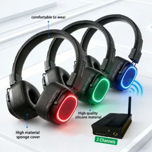 Fones de ouvido Silent Disco de marca Muti-channel com luzes LED de 3 cores