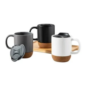 Promotional cork base ceramic mugs with decal printed logo